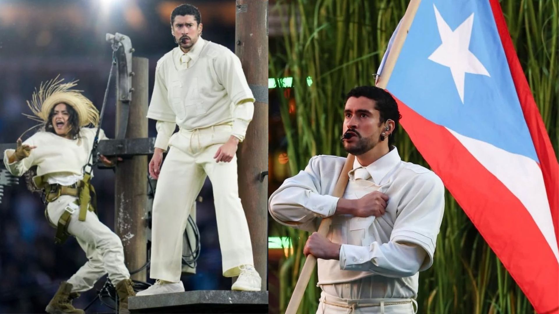 Bad Bunny durante su presentación en el Halftime Show del Súper Bowl 2026, donde la música, la identidad latina y los mensajes sociales se fusionaron en uno de los espectáculos más vistos a nivel mundial. Foto: Pinterest.